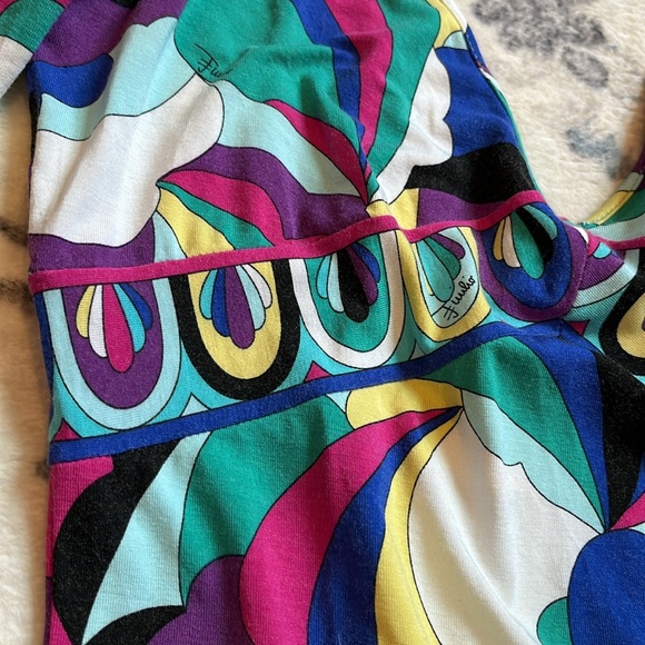 Emilio Pucci Plunge V-Neck 3/4 Length Sleeve Multi-Colored Marmo Print Top XS - Picture 5 of 12